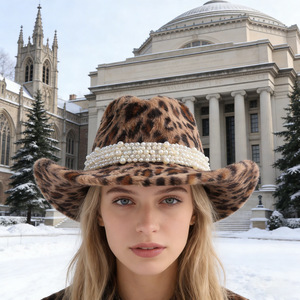 ZhenXi Sombrero de vaquero de felpa con estampado de leopardo y banda de perlas M56-58cm, sombrero cálido para otoño e invierno para hombres y mujeres - Product Image 4