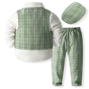 Ensemble 4 pièces style gentleman à carreaux verts pour tout-petit garçon : chemise à manches longues, gilet, pantalon <span class=keywords><strong>et</strong></span> chapeau – Idéal printemps, automne, anniversaire, mariage - Product Image 2