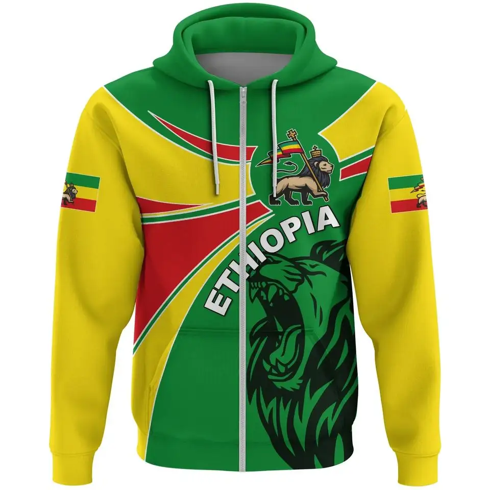 Etiyopya aslan tam fermuarlı kapüşonlu eşofman üstü yüksek kalite özel Logo Habesha etiyopya geleneksel Vintage Unisex boy erkek Hoodies