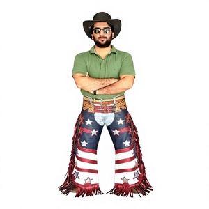 Pantalon évasé pour homme en cuir véritable sur mesure, imprimé drapeau américain, avec franges et boucle réglable, style rustique mi-lourd - Product Image 1