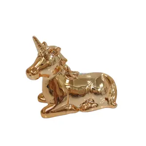 Hadiah Item Elektroplating Kerajinan Emas Keramik Patung Unicorn, untuk Dekorasi Meja