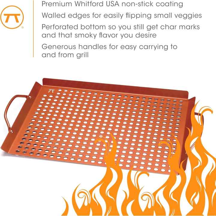 Outset QN71 Large Copper Non-Stick Grill Grid with Handles Premium Turning Tool