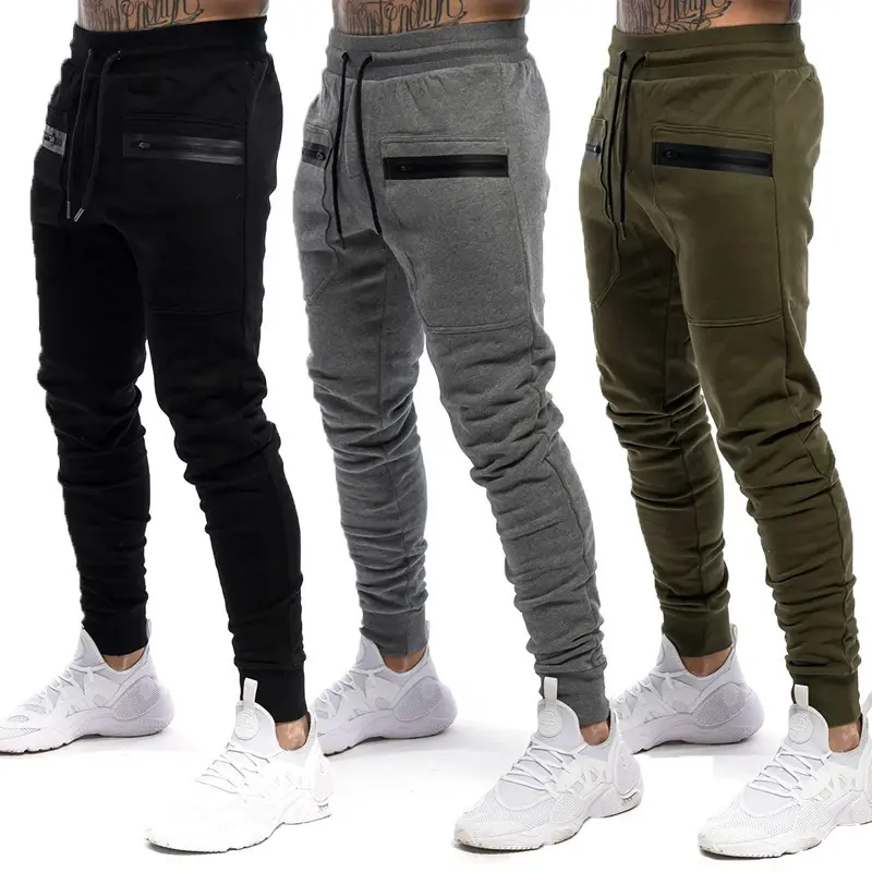 Pantalones de chándal ajustados para hombre, de algodón, con bolsillo y cremallera, con logotipo personalizado, color gris, para gimnasio