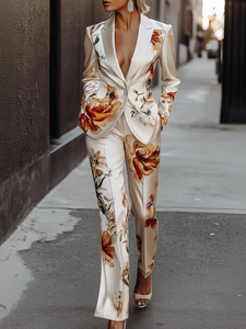 Conjunto de Traje de Satén con Estampado Floral para Mujer, Blazer de Manga Larga con Estampado Floral de Lujo, Pantalones con Detalle de Botones, Transpirable, Elegante, para Fiestas Nocturnas - Product Image 1