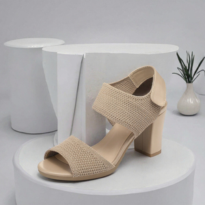 Sandalias de tacón de bloque para mujer, de punto, con punta abierta, tacón grueso, sin cordones, para verano - Product Image 3