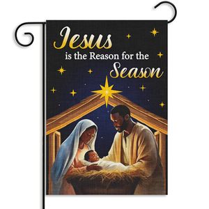 HAONEFECT Drapeau de jardin extérieur double face en polyester, thème religieux chrétien de la Nativité de Noël, motif Jésus est la Raison, 12x18 - Product Image 1