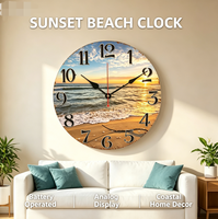Horloge murale tropicale côtière 12 pouces, design original, coucher de soleil, vagues de plage, silencieuse, sans tic-tac, ronde, 25*25cm, décorative pour salle de bain