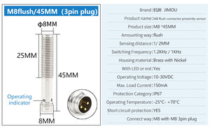<span class=keywords><strong>Sensor</strong></span> Indutivo Tubular PNP NPN NO de 45mm com Carcaça Curta M8, <span class=keywords><strong>Sensor</strong></span> de Proximidade Cilíndrico de Latão com Conector de 3 Pinos M8 - Product Image 6