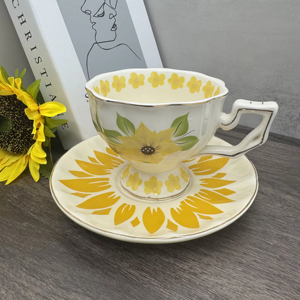 Elegant Sunflower Floral Design Porcelain Eco-friendly Modern Afternoon Tea <b>Cup</b> Matching Saucer <b>Set</b> with Gold Rim 220ml Capacity - Product Image 1