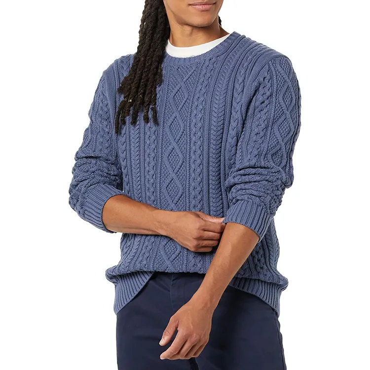 Sweater rajut kustom Sweater pakaian produsen Pullover Ribbed Vintage Sweater leher bulat untuk pria