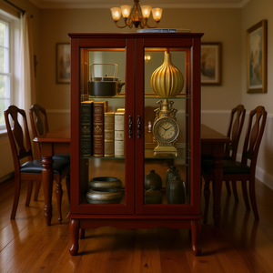 Vitrine de présentation en bois d'acajou avec étagères réglables, dos miroir, portes en verre trempé, style antique, meubles pour la maison - Product Image 2