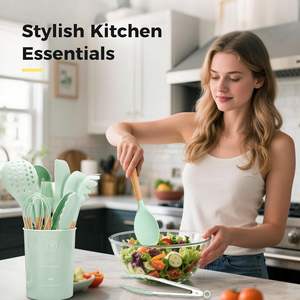 Nouveaux accessoires de cuisine en silicone, 12 pièces en 1 ensemble, ustensiles de cuisine, ustensiles de cuisine en silicone avec poignées en bois - Product Image 2