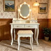 Ensemble coiffeuse blanche avec miroir LED, tabouret rembourré, tiroirs de rangement et design sculpté – Meuble de chambre