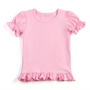 Maglietta Estiva per Bambina in 100% Cotone Pettinato, Manica Corta, Tinta Unita con Volant - Product Image 4