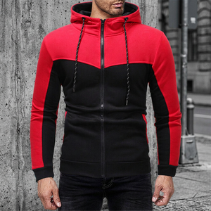 Men's <b>Red</b> Black Color Blocking Hooded Zip-Up Sweatshirt Slim Fit Casual Autumn Wear French Terry Knitted <b>Hoodie</b> - Product Image 6