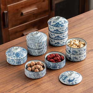 Traditional Chinese Style Blue &amp; White Porcelain Fruit Veggie &amp; <strong>Condiment</strong> Nut Caddy with Lid Snacks Organiser for Household Use - Product Image 3