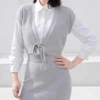 Ensemble de tenues pour femmes personnalisées en 2 pièces, tricot sans manches, col en V, veste ample, jupe midi moulante, robes en tricot