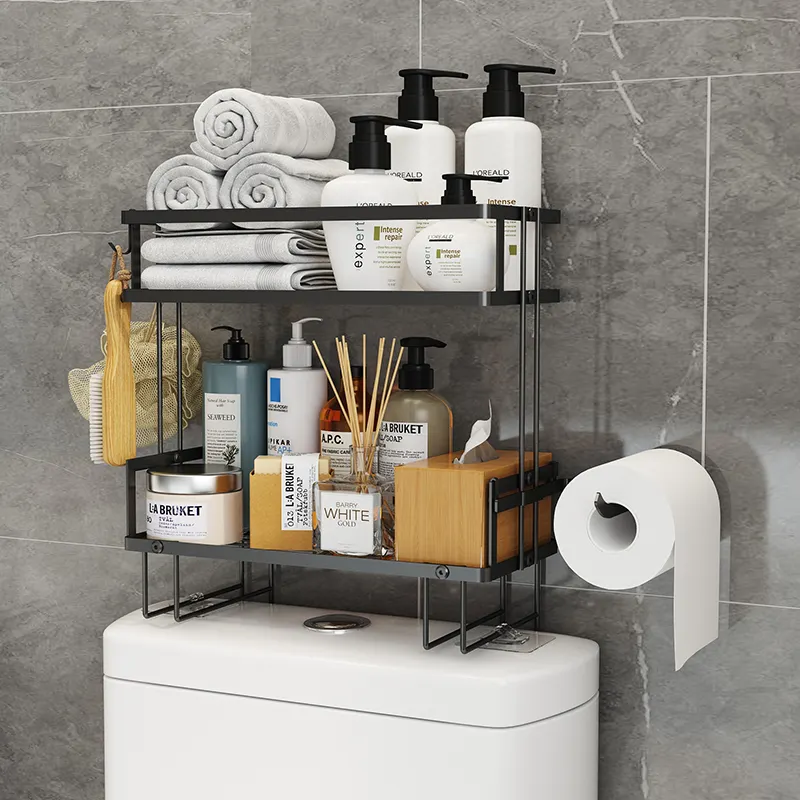 Wall mounted 2 tier metal utility corner bathroom organizer over the toilet storage shelf with paper holder