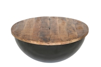 Table basse ronde en fer/WD, noire, avec plateau en tôle métallique naturelle et bois de manguier Aara, collection prix de gros