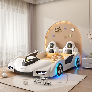 Çocuklar için Erkek Çocuk Karikatür Araba Tasarımlı Etnik Tarz Masif Ahşap Karyola, Küçük Daireler için Çıtalı Karyola Tabanı ile - Product Image 2