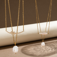 Collar Romántico de Acero Inoxidable con Baño PVD de 18K, Doble Capa, Perlas Barrocas Redondas, Zirconia, Diseño de Nudo y Cadena de Cable, Regalo