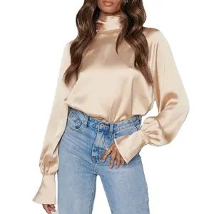Customized Women's Solid Color Luxury Satin High Neck Back Bow Tie Detail Raglan Sleeve Exaggerated Cuff All Match Blouse Top