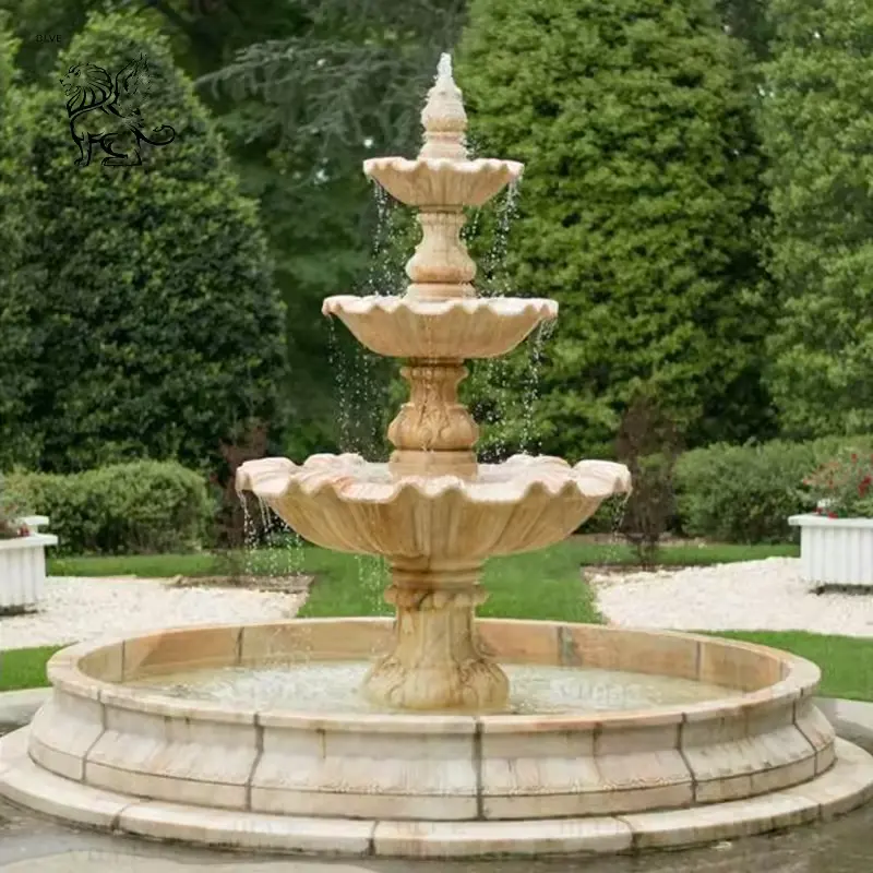 BLVE Garden Decoration Large Beige Natural Stone Front Yard Water Fountain Marble Outdoor Fountains
