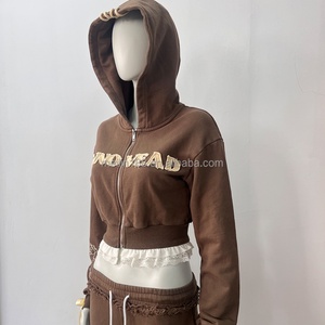 Women High Quality Distress Embroidery Patch Pullover Hoodies Sweatshirt Custom <b>Crop</b> Lace Distressed <b>Zip</b> <b>up</b> Hoodie Women - Product Image 2