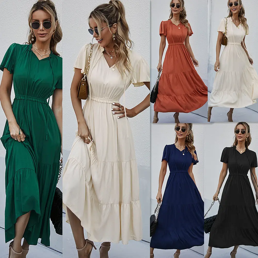 Good design casual styles ruffled v neck short sleeve summer flowing long pleated maxi dress for holiday