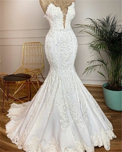Robe de mariée sirène en dentelle appliquée, col en V, sans manches, robes de mariée africaines, <span class=keywords><strong>2022</strong></span> - Product Image 1