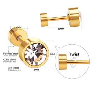 Boucles d'oreilles à vis en acier inoxydable plaqué or 18 carats avec zircon, forme cylindrique, prix usine, faible MOQ - Product Image 2