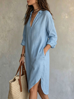 Robe chemise en lin unie avec col cranté, décolleté en V profond, manches retroussées, tenue décontractée pour femme, coupe ample, longueur genou