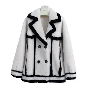 Женское шерстяное пальто, черно-белое пальто из натуральной овечьей шерсти