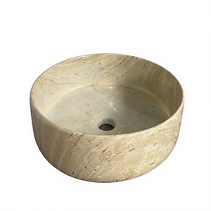 Round Travertine Vessel <b>Sink</b> Painted Finish Eco-Friendly Water Resistant Minimalist Design Counter Installation Bathroom Basin - Product Image 1