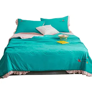 Conjunto de cama 100% seda sem costura, pronto para enviar peacck azul ar condicionado colcha seda