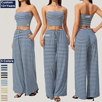 Ensemble deux pièces rayé pour femme : Crop top bustier et pantalon taille haute à jambes larges – Tenue décontractée, loungewear, streetwear, yoga – Logo personnalisé
