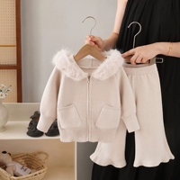 Cardigan à capuche en acrylique et élasthanne tricoté à grand col, ensemble pull pour enfants, style coréen, épaissi, double poche, coupe ample, couleur unie