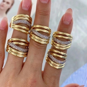 18k镀金双心开口袖口戒指CZ微型铺砌永恒带简约精致女用珠宝 - Product Image 2