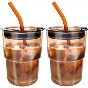 Vasos de Vidrio <span class=keywords><strong>para</strong></span> Café Helado con Tapas y Pajitas, Estilo INS, 450ml/15oz, Tazas de Vidrio <span class=keywords><strong>para</strong></span> Café Helado - Product Image 1