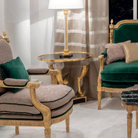 Table d'appoint ronde dorée en bois massif sculpté à la main, style rococo royal français, avec miroir noir et boule de cristal