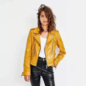 <span class=keywords><strong>Veste</strong></span> de motard <span class=keywords><strong>en</strong></span> <span class=keywords><strong>simili</strong></span> <span class=keywords><strong>cuir</strong></span> pour femme, couleur moutarde unie, manches longues, sur mesure <span class=keywords><strong>en</strong></span> gros - Product Image 3