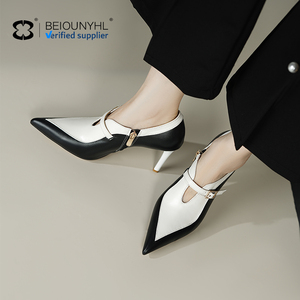 Trắng + đen Doanh Nhọn Khóa một dòng dây đeo chính hãng Da Stiletto gót sang trọng khí quyển mùa hè Phụ nữ dép - Product Image 5