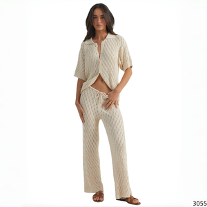 Conjunto de suéter de punto calado texturizado para mujer, camisa de manga corta con cuello tipo campamento y <span class=keywords><strong>pantalones</strong></span> de pierna ancha con cintura con cordón, ropa de resort - Product Image 1