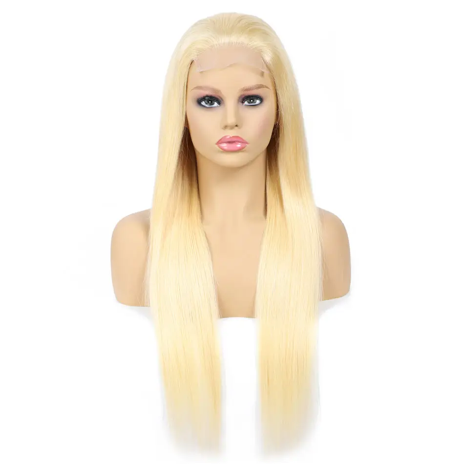 613# Blonde Straight Human Hair Lace Closure Wigs Cuticle Aligned, 4*4 Brazilian Remy Hair Wig Lace Front 613#