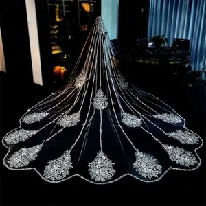 Feishiluo luxe paillettes poire perle dentelle longue queue mariée voile de mariage l avec peigne à cheveux une couche voiles de mariée pour les femmes