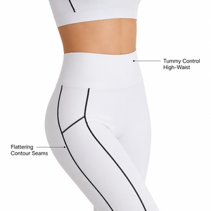 Ensembles de yoga sans couture blancs et noirs de qualité supérieure pour femmes avec détails de passepoil contrastant, soutien-gorge de sport à col en V et leggings sculptants taille haute - Product Image 2