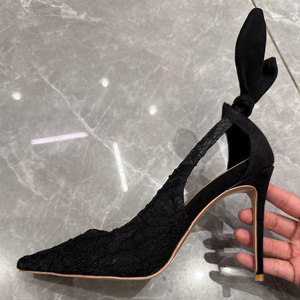 Sandales à talons hauts pour femmes, ornées de diamants, à bout pointu, en maille, avec nœud arrière, chaussures de mariage, escarpins à découpes latérales en dentelle, talon aiguille - Product Image 6