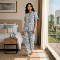 Ensemble de pyjama pour femmes en coton 100% imprimé floral, ensemble de nuit à manches courtes boutonné, vêtements de nuit confortables, ensemble de vêtements de détente