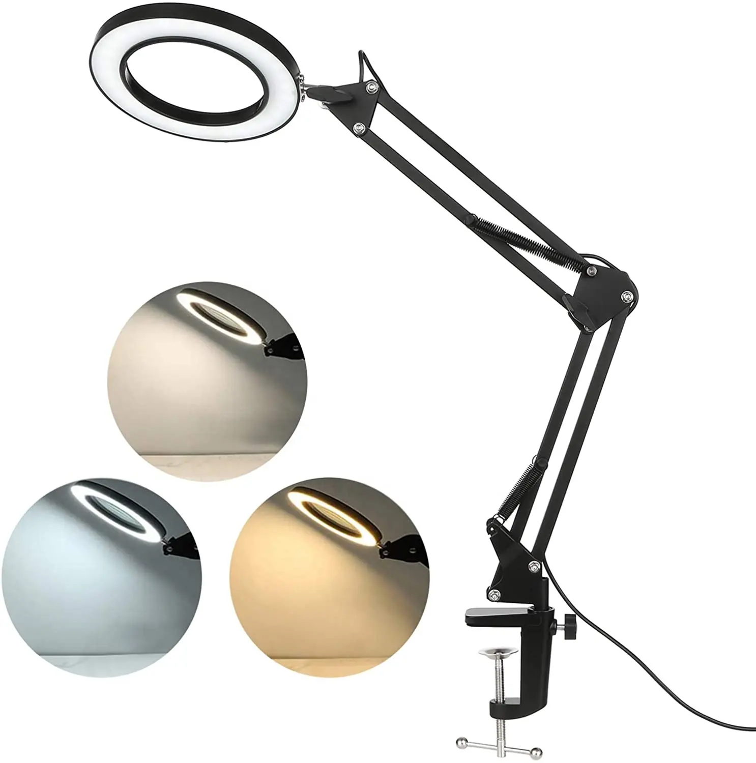 Factory wholesales metal swing arm led ring desk lamp clip-on 3 color temperature dimming led desk lamp for office