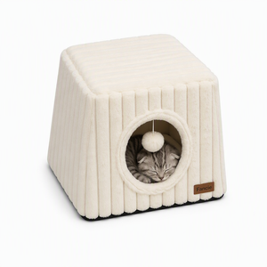 Maison pour chat en velours côtelé semi-fermée, tanière douillette pour chat, rembourrage en coton PP chaud, housse amovible et lavable, antidérapante, vente en gros OEM, jouet <span class=keywords><strong>pompon</strong></span> - Product Image 5